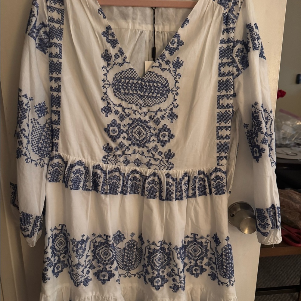 Milly White Blouse with Blue Embroidery. Never worn!